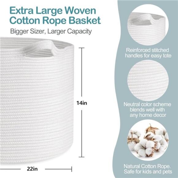 White Rope Storage Baskets,22" X 22" X14" Extra Large Blanket Basket Living Room - Picture 2 of 7